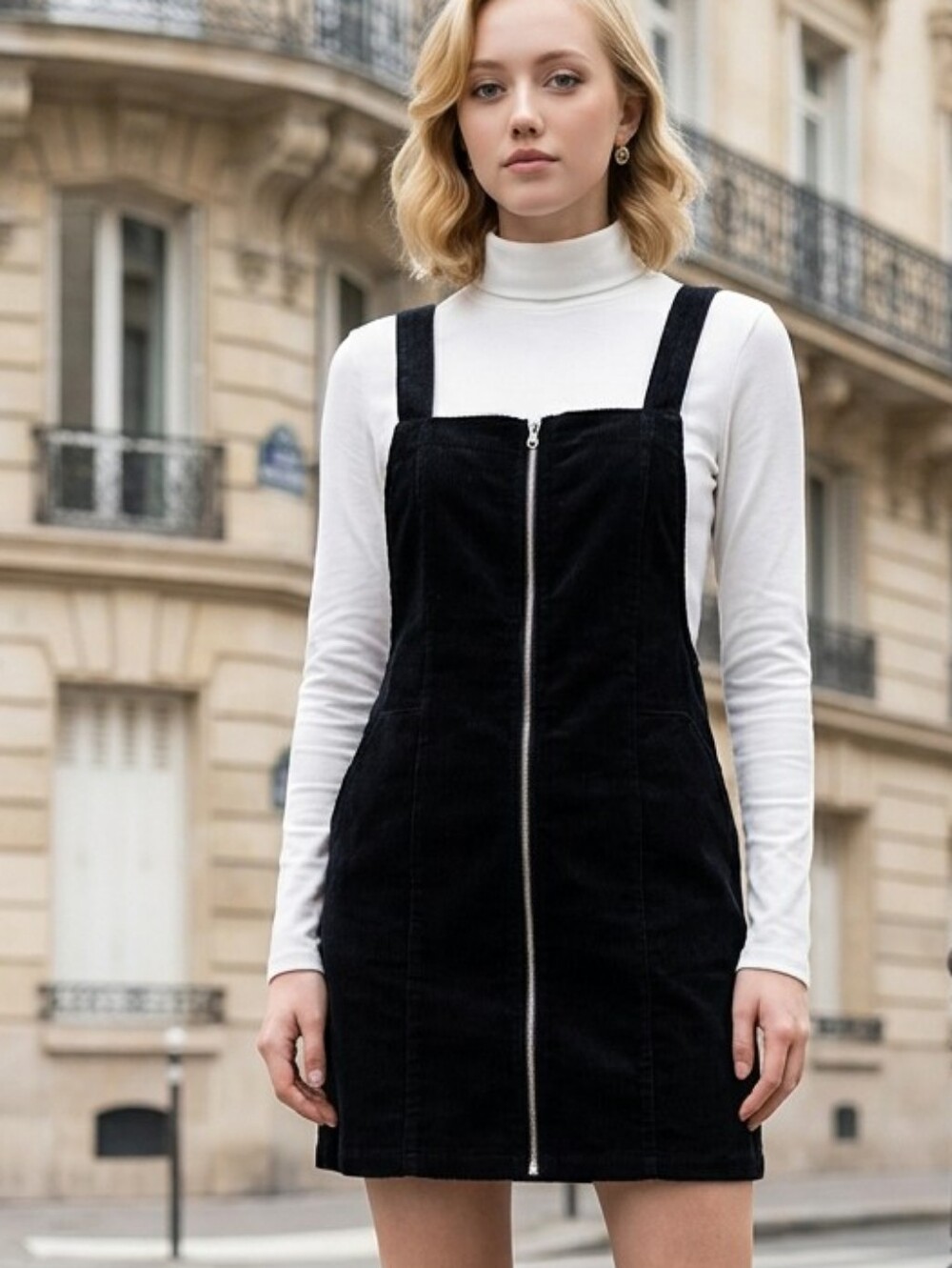 Black Zip-Front Pinafore Corduroy Jumpsuit With Pockets Size L